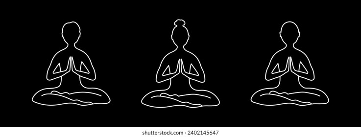 Set of icons with people silhouettes sitting in lotus position, hands in praying. Outline logo isolated on black background. Vector illustration