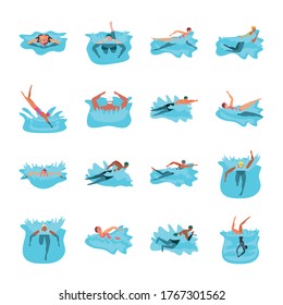 set of icons with people in swimming vector illustration design