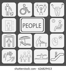 Set of icons for people, throwing garbage, invalid, contract, partners, beach, vacation, sunbathing, call center, operator, sport girl