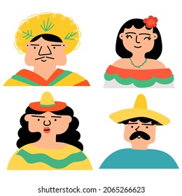 Set of icons of people wearing Mexican costumes. Hand drawn illustrations on white background. 