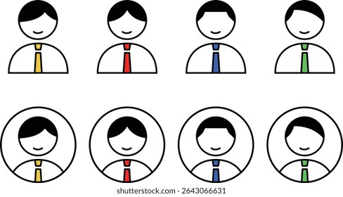Set of icons of people wearing ties in various color schemes