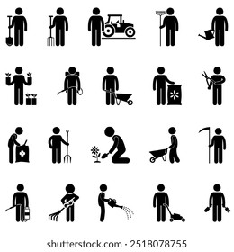 Set icons of peoples activities in the garden. Gardening icons set web banner and design elements illustration with the icon of garden tools, sowing, planting, pruning, ecological, planning and garden