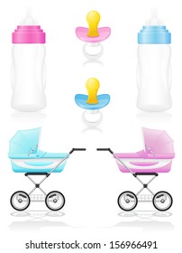 set icons perambulator bottle pacifier pink and blue vector illustration isolated on white background