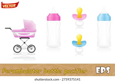 set icons perambulator bottle pacifier pink and blue cartoon stock vector illustration