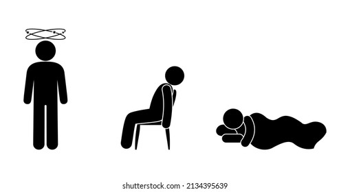 set of icons, a person is ill, illustration of dizziness, weakness, fainting, stick man pictogram on a white background