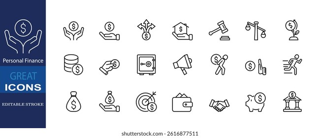 Set of icons for Personal Finance, Editable stroke. Vector illustration
