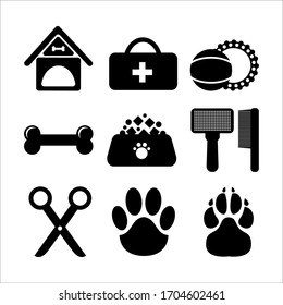 Set of icons of pet accessories. Booth, first aid, toys, bone, food, hairbrush, scissors, trace of cat, dog. Isolated. Vector illustration. Black on white. Symbol, sign of domestic animal life.