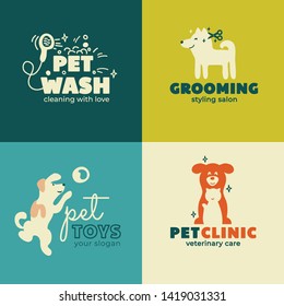 Conjunto de íconos para la Clínica de Mascotas, Juguetes, Diseño, Lavado, Cuidado y Salón Grooming. Logo para el servicio veterinario. Símbolo con perro y gato. Ilustración vectorial de los animales domésticos. Diseño de tarjeta de visita o banner.