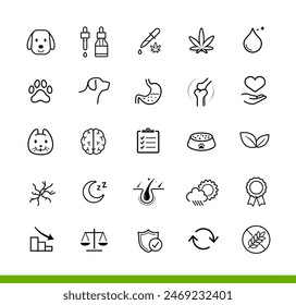 Set icons for pet hemp oil, cbd. The outline icons are well scalable and editable. Contrasting vector elements are good for different backgrounds. EPS10.