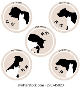 Set of icons for pet shop with dog and cat silhouettes