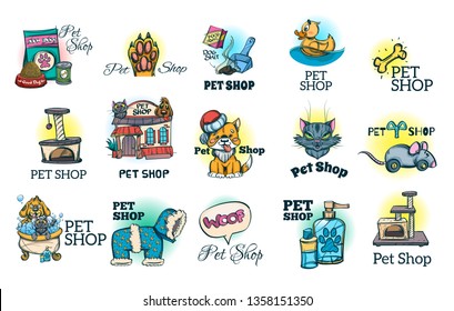 Set of icons for pet shop with the image of pets, feed, accessories.