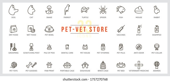 Set of icons pet vet store. Outline illustration vector. Pictogram for web page, mobile app, promo. UI UX GUI design element. Editable stroke. Vector.