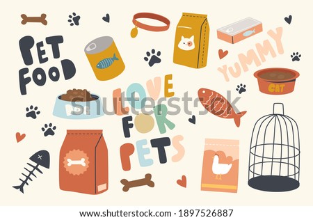 Set of Icons Pets Food Theme. Packages with Feeding for Cats, Dogs, Fish or Birds, Cage, Bones and Bowl with Cookies, Yummy Snacks, Paw Prints and Collar, Tin Cans Feeding. Linear Vector Illustration