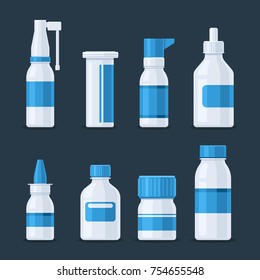 Set icons pharmaceutical preparations in white plastic bottles. Nasal spray, throat spray, drops, a container for tablets and capsules. Concept for healthcare and medicine symbol. Vector illustration 