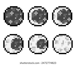 Set of icons with phases of the moon. Monthly tracking, monthly cycles. Pixel astronomical elements. Vector illustration