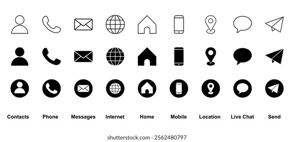 Set of icons phone contact web home email location send share chat message telephone browser address icon collection mobile mail communication business computer