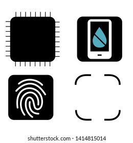 A set of icons for the phone: the core, do not wet the phone, a fingerprint