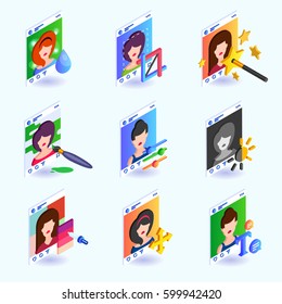 Set icons of photo editing instruments for a social network. Isometric vector illustration.