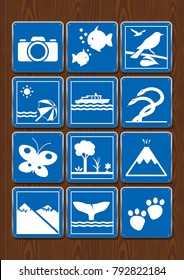 Set icons of photography, aquarium, bird watching, beach, navigable river, serpentarium, butterfly garden, forest, volcano, whale watching, zoo. Icons in blue color on wooden background. Vector image