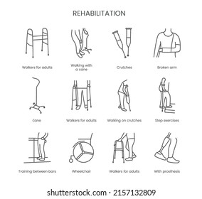 Set of icons physical rehabilitation, walkers for adults, walking with a cane, crutches, broken arm, step exercises, training between bars, wheelchair, with prosthesis. Linear vector illustration