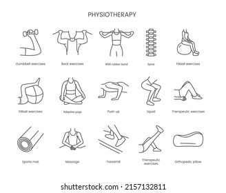 Fisioterapia de íconos, ejercicios de dumbbell, ejercicios de espalda, con banda de goma, ejercicios de columna y fitball, yoga adaptable, empuje y squat, ejercicios terapéuticos. Ilustración vectorial lineal