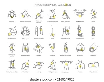 Set of icons physiotherapy and rehabilitation, dumbbell exercises, back exercises, with rubber band, spine and fitball exercises, adaptive yoga, push up and squat. Linear vector illustration