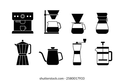 A set of icons and pictograms of coffee machines and hand drip coffee supplies used in cafes. Espresso machines, kettles, grinders, coffee presses, drippers, pots, tea cups, etc.