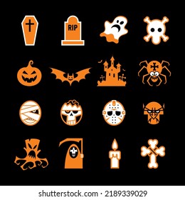 Set of icons and pictograms for Halloween. Pumpkin, ghost, vampire, coffin and more. Isolated. Black, orange and white color. 