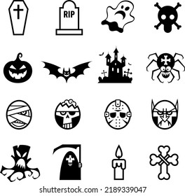 Set of icons and pictograms for Halloween. Pumpkin, ghost, vampire, coffin and more. Isolated. Black and white color. 