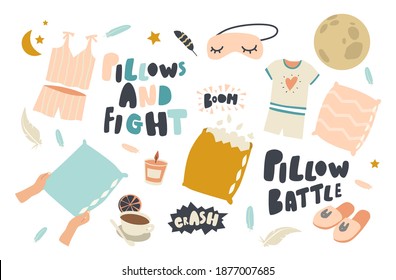 Juego de íconos para las almohadas de lucha o lucha contra el tema. Pajama, plumas volando y durmiendo máscara, vela quemando, café matutino o Tea Cup con limón, zapatillas y tipografía. Ilustración de vectores lineales