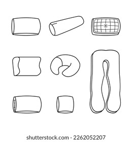 Set of icons of pillows and rollers. Square, rectangular, curly, travel, for pregnant women, with a removable cover. Isolated vector image.