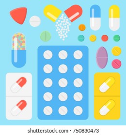 Conjunto de pastillas y cápsulas. Concepto de Medicamento. Comprimidos en blisters: analgésicos, antibióticos, vitaminas y aspirina. Símbolos farmacia y drogas. Ilustración vectorial plana.