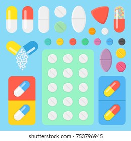 Set of icons pills and capsules. Medicament concept. Tablets in blisters: painkillers, antibiotics, vitamins and aspirin. Pharmacy and drug symbols.  Flat vector illustration.