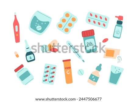 Set of icons of pills, tablets, sprays, drops. Medicines for flu and colds, fever, viruses and bacteria. Treatment with medications.  Isolated vector flat illustration