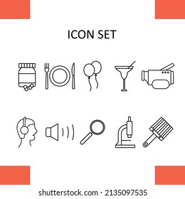 Set of icons - pills, volume, man in headphones, cocktail, magnifier, brush, plate, balloons, microscope, video camera.
