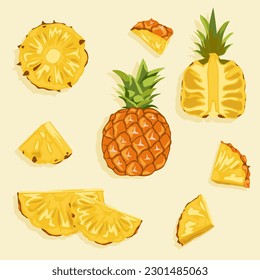 A set of icons of pineapple whole, and its slices. Ripe tropical fruit. Summer food. Food icons in vector.