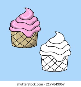 Set of icons, Pink delicious cupcake with delicate cream, vector illustration in cartoon style on a colored background