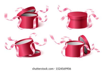 Set icons pink gift box with ribbons and closed and opened lid isolated on white background, vector illustration