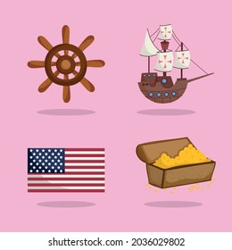 set icons pirate boat treasure and flag