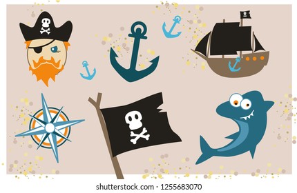 Set icons pirate with ship, shark, flag, compass and anchor