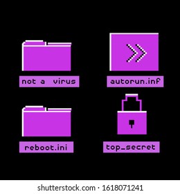 Set of icons in Pixel art style. Malware executive program or hack attack concept.
