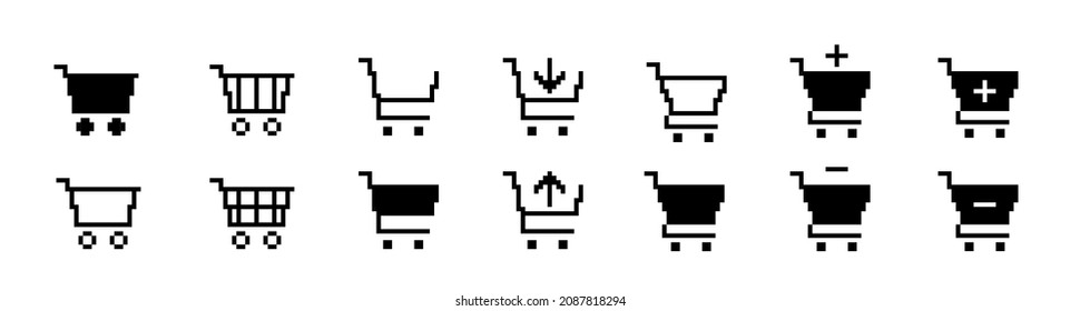 Set of icons in pixel art style. Shopping cart standart icons in trending style for ecommerce website. Vector illustration