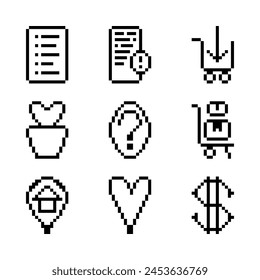 Set of icons in pixel art style for an online store, icons for price, like, delivery, location address, product catalog, shopping cart, complaints, questions