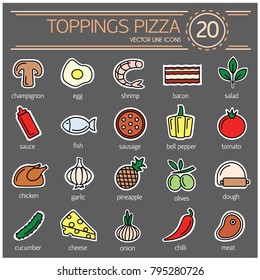 Set icons of  pizza ingredients. Pizza ingredients is vector illustration. Vector clip art of pizza toppings. Pizza ingredients outline icon collection 