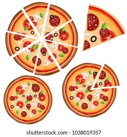 Set of icons with pizza (whole and pieces) on a white background. Vector illustration.