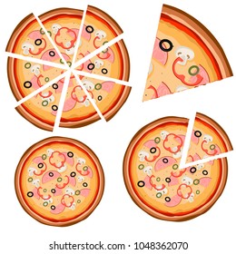 Set of icons with pizza (whole and pieces) on a white background. Vector illustration.