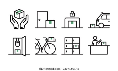 Set of icons for placement and distribution Variable line width Entrance, delivery box, car shade, gas meter box, bicycle basket, reception desk