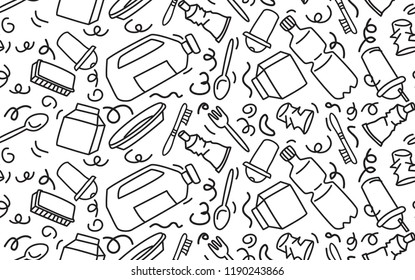 Set of icons of planet pollution by plastic. Vector illustration sketch disposable dish. Cartoon concept elements Hand drawn doodle. Bag Bottle Recycle sign 