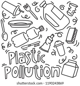 Set of icons of planet pollution by plastic. Vector illustration sketch disposable dish. Cartoon concept elements Hand drawn doodle. Bag Bottle Recycle sign 