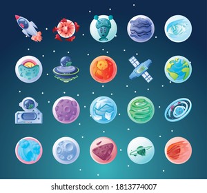 Symbolsatz mit Planeten oder Asteroiden des Sonnensystems